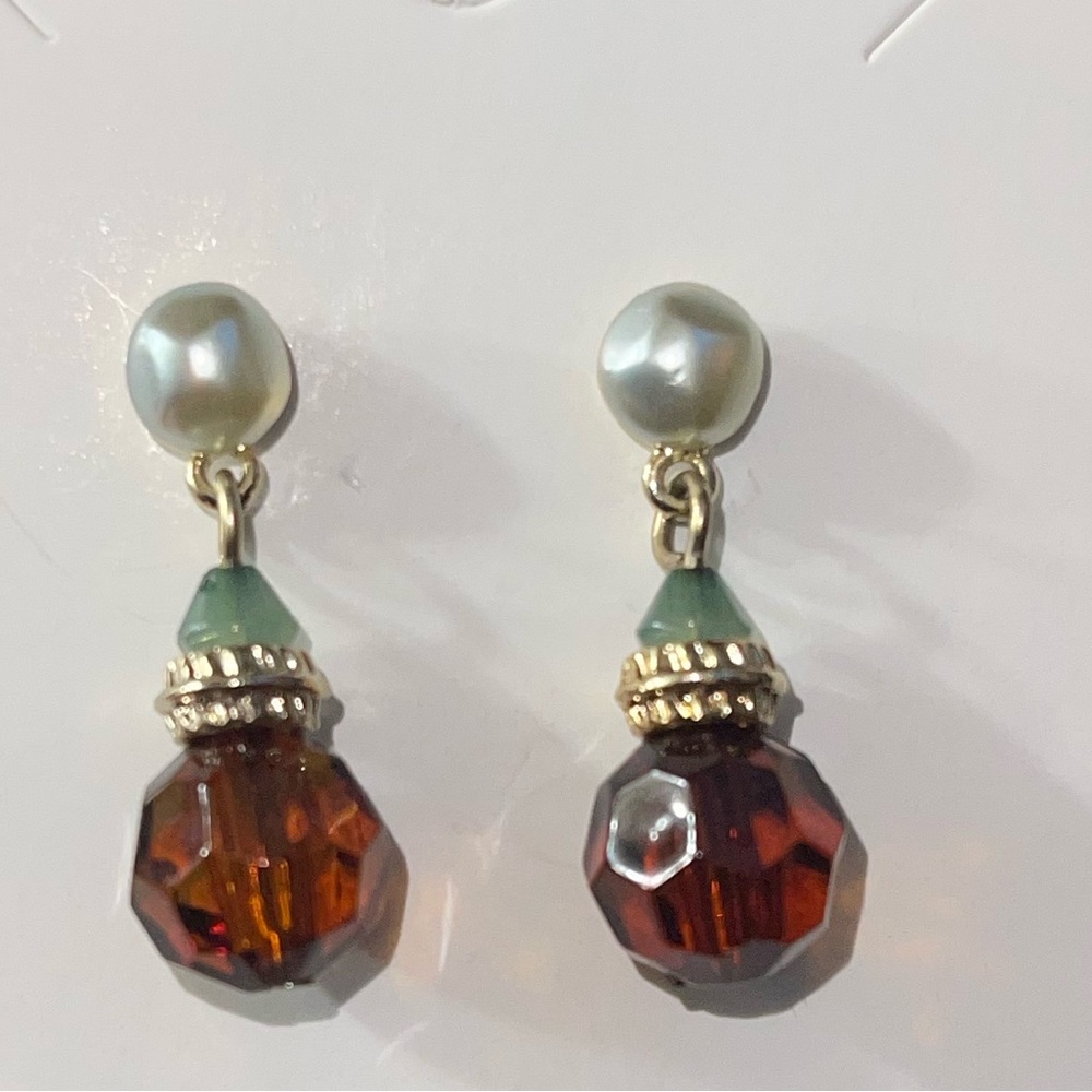 Faux Pearl, Jade & Amber Gold-Tone Drop Earrings